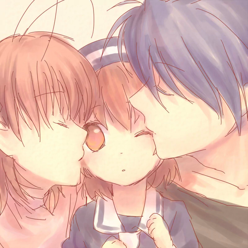 Nagisa Furukawa and Tomoya Okazaki gently kiss Ushio Okazaki on the cheeks in this warm anime scene from Clannad.