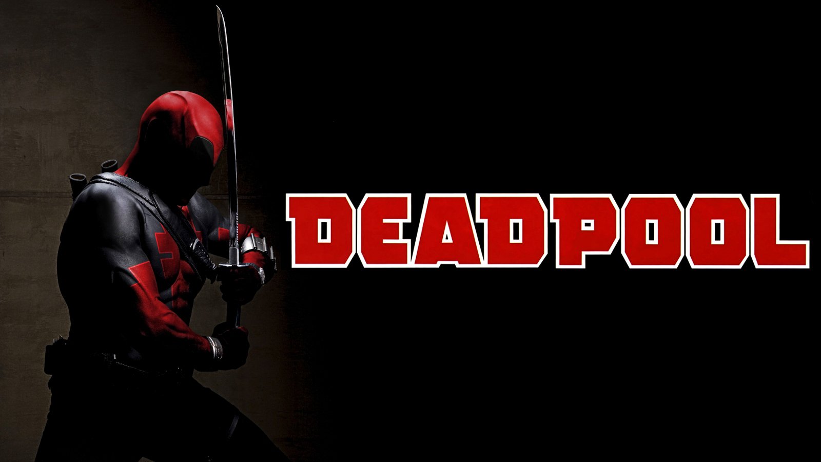 A silhouette of Deadpool, dressed in his iconic red and black suit, wielding a sword against a dark backdrop, with the bold title DEADPOOL prominently displayed.