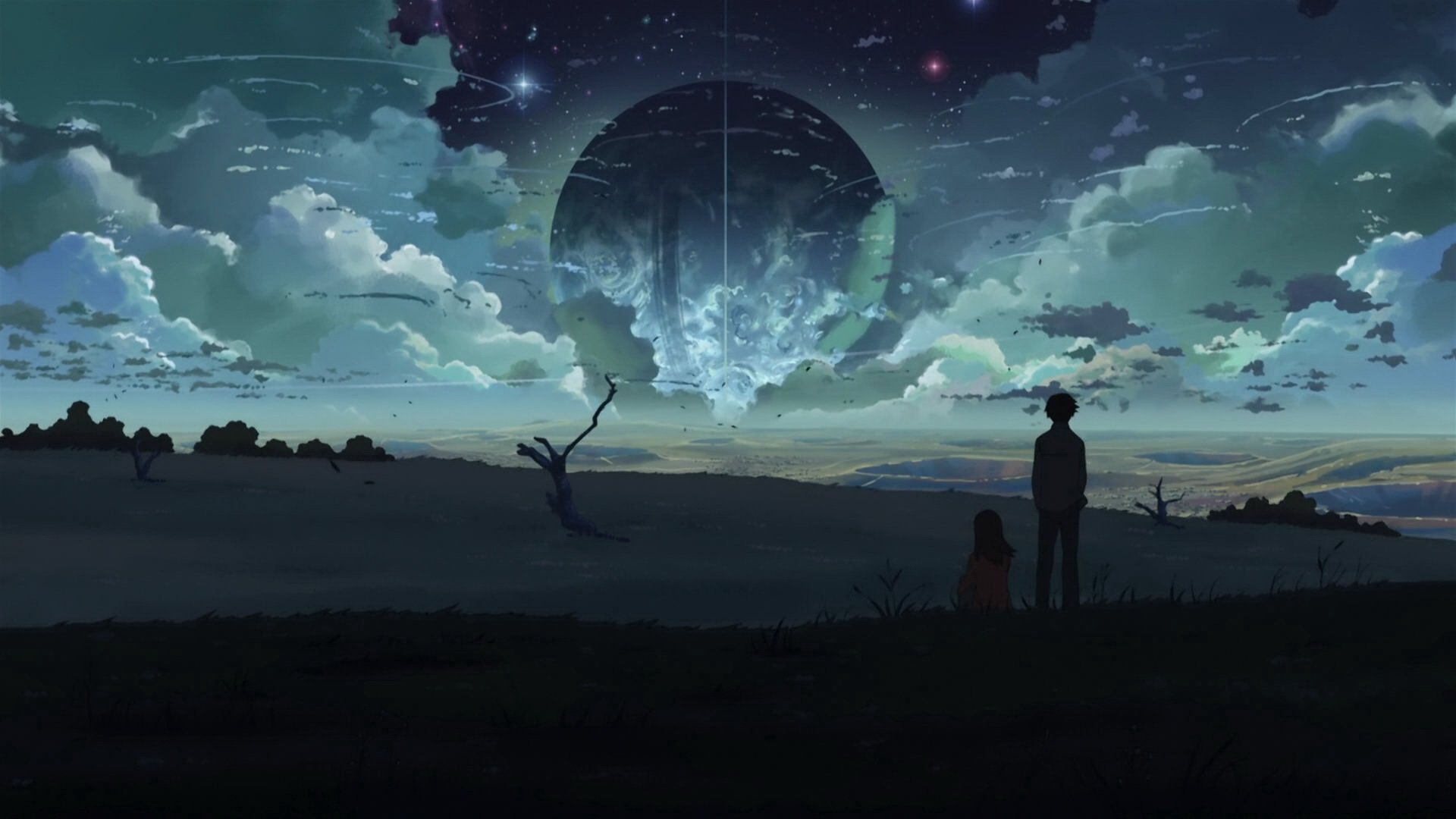 Anime, 5 Centimeters per Second — two silhouettes on a grassy plain at dusk, one standing and one seated, under a vast starry sky with drifting clouds and a looming planet-like moon.