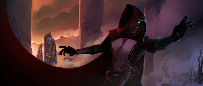 A mysterious, hooded character with glowing green eyes stands on a balcony overlooking a futuristic cityscape, evoking the atmosphere of a Star Wars movie.
