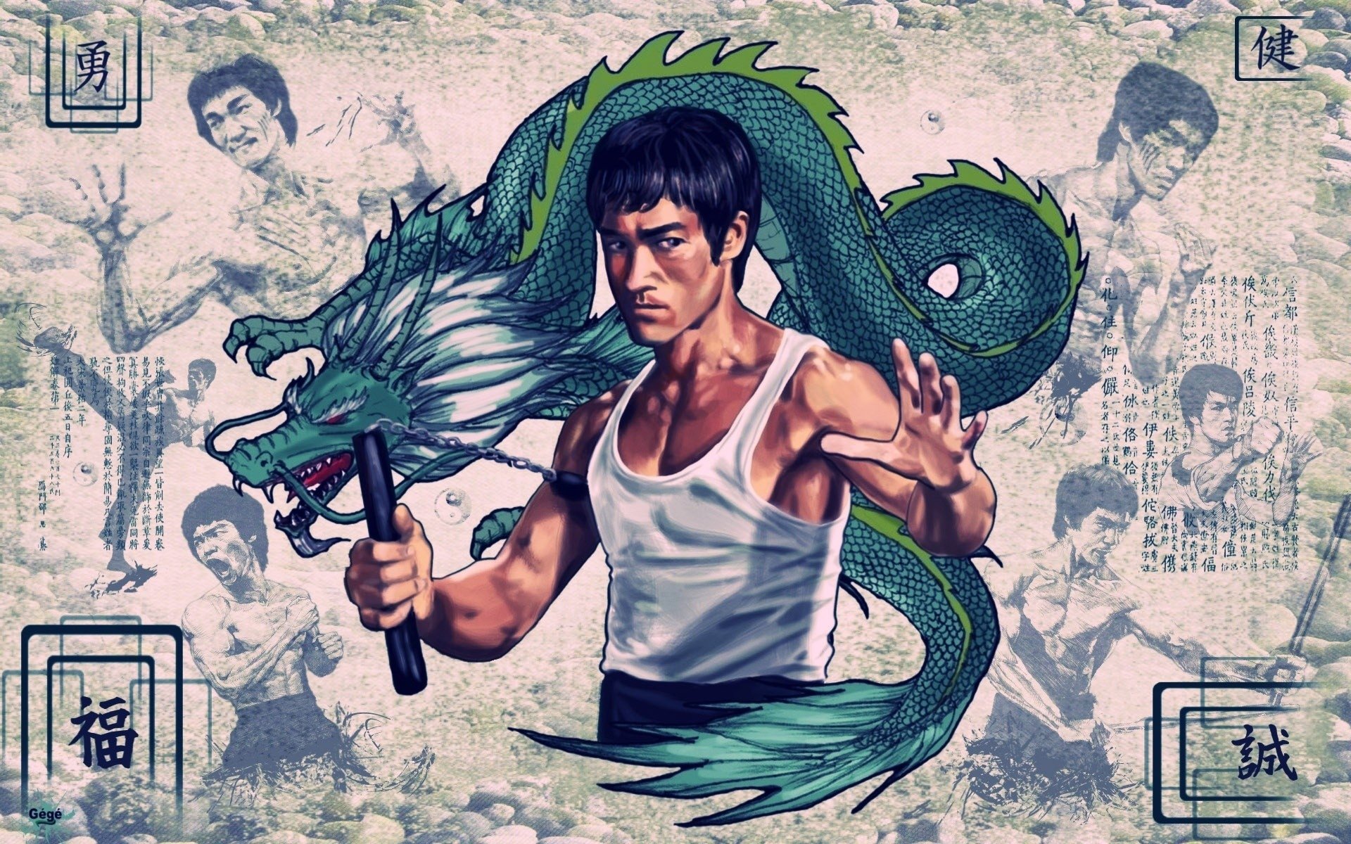 An artistic illustration of Bruce Lee in a white tank top, poised with a baton, surrounded by a dragon and vintage photos, capturing his legendary martial arts spirit.