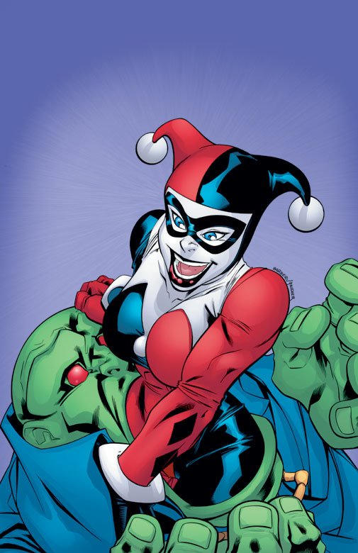 Harley Quinn playfully embraces Martian Manhunter against a blue background in this vibrant comic-style illustration.