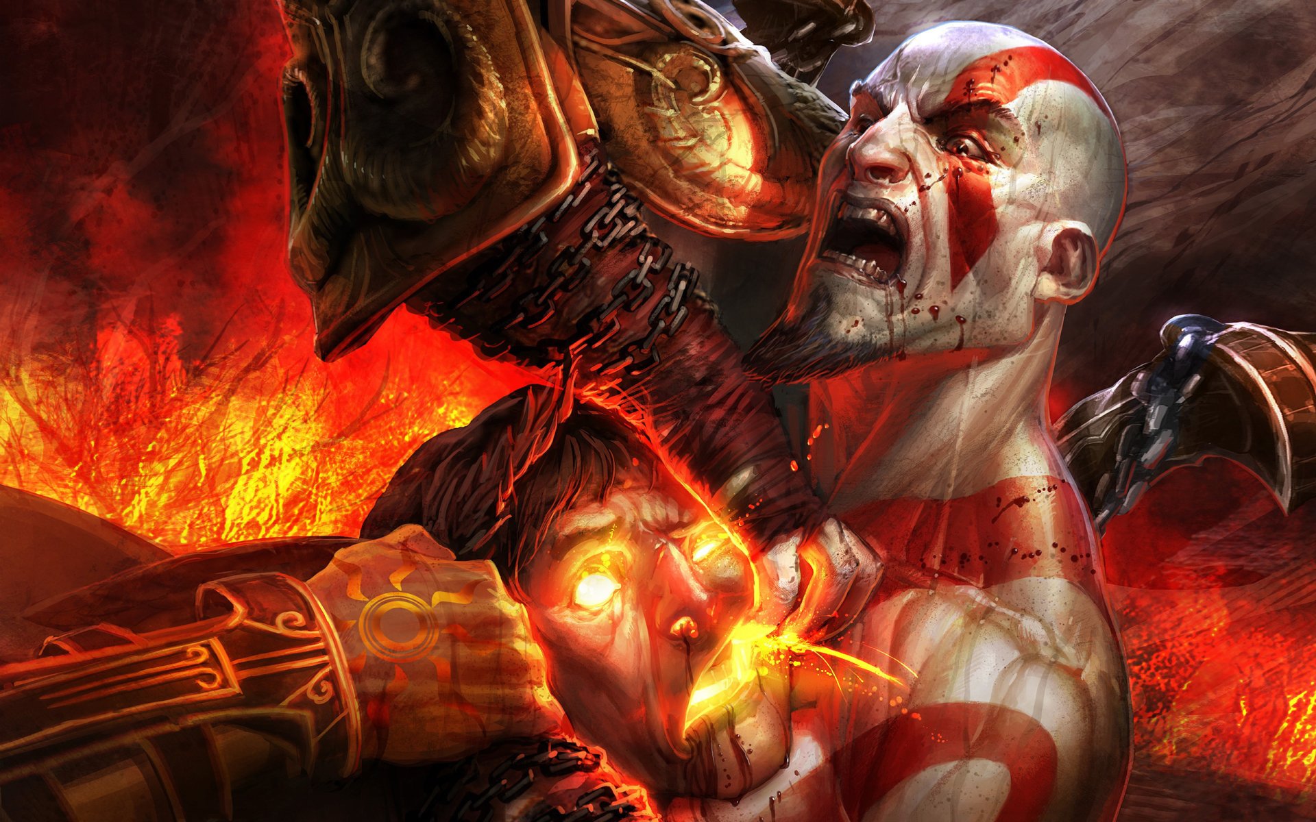 Video game God of War III scene: Kratos, blood-smeared and tattooed, mauls a glowing-eyed foe amid roaring flames and shattered armor.