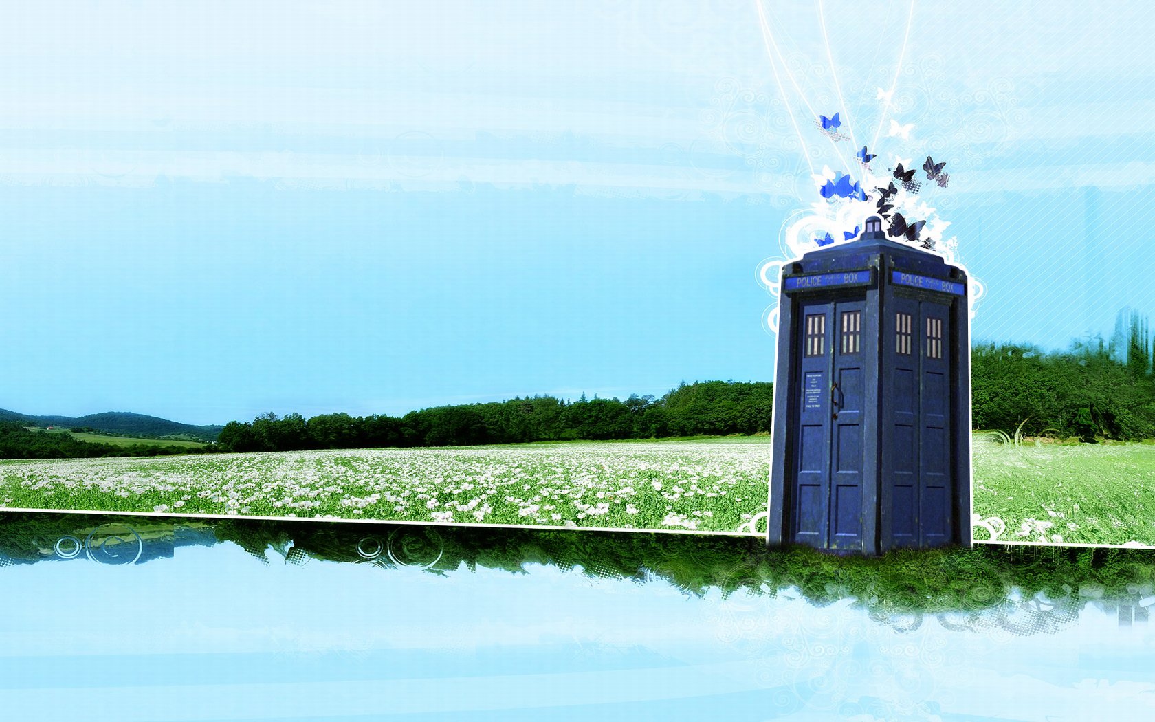 A stylized illustration of the TARDIS from the TV show Doctor Who (2005), standing in a grassy field with a clear blue sky reflected in the water below.