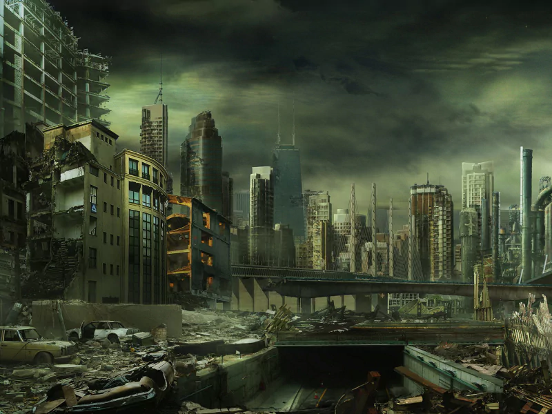 A sprawling post-apocalyptic cityscape under dark, ominous skies, blending sci-fi elements with crumbling skyscrapers and ruined infrastructure.