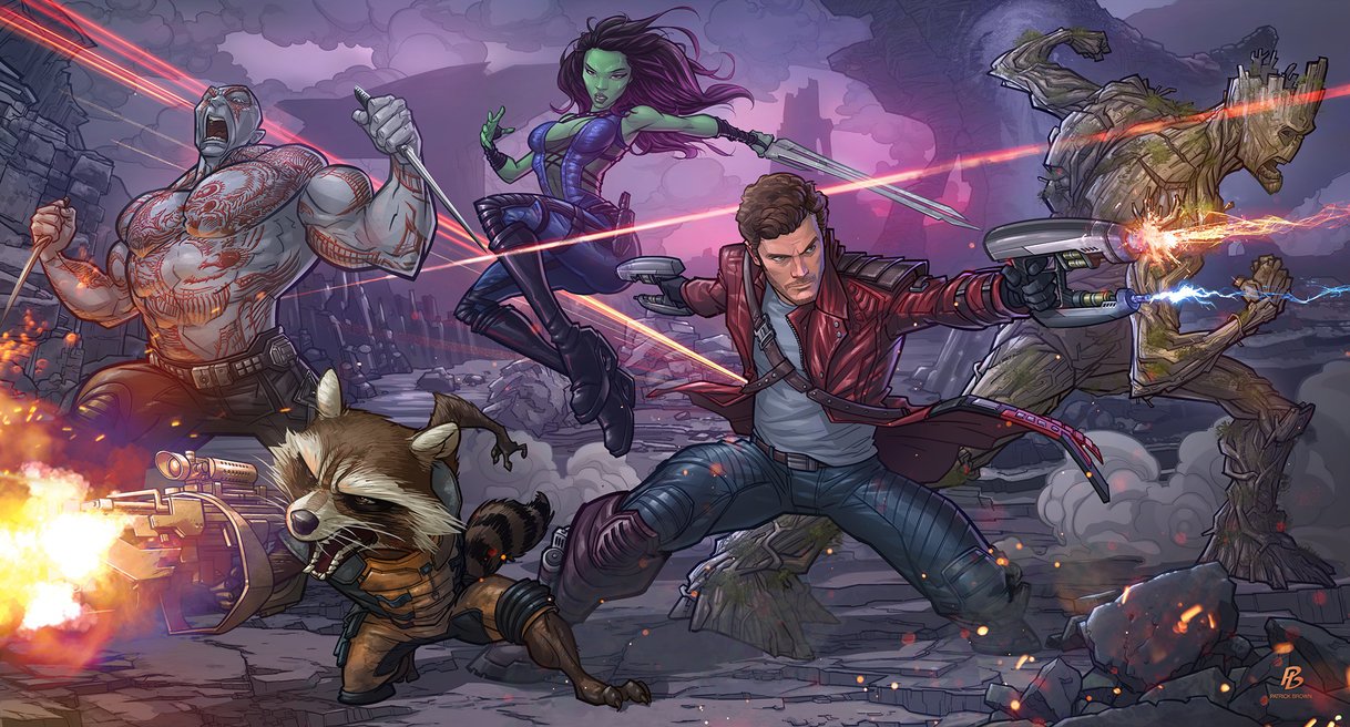 Peter Quill, Groot, Drax the Destroyer, Star Lord, and Gamora from Guardians of the Galaxy are engaged in a dynamic battle scene with futuristic weapons and intense action.