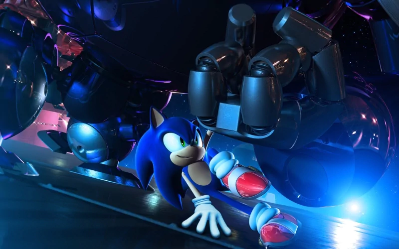 Video game character Sonic the Hedgehog is grabbed by a robot arm amid glossy blue sci-fi machinery.