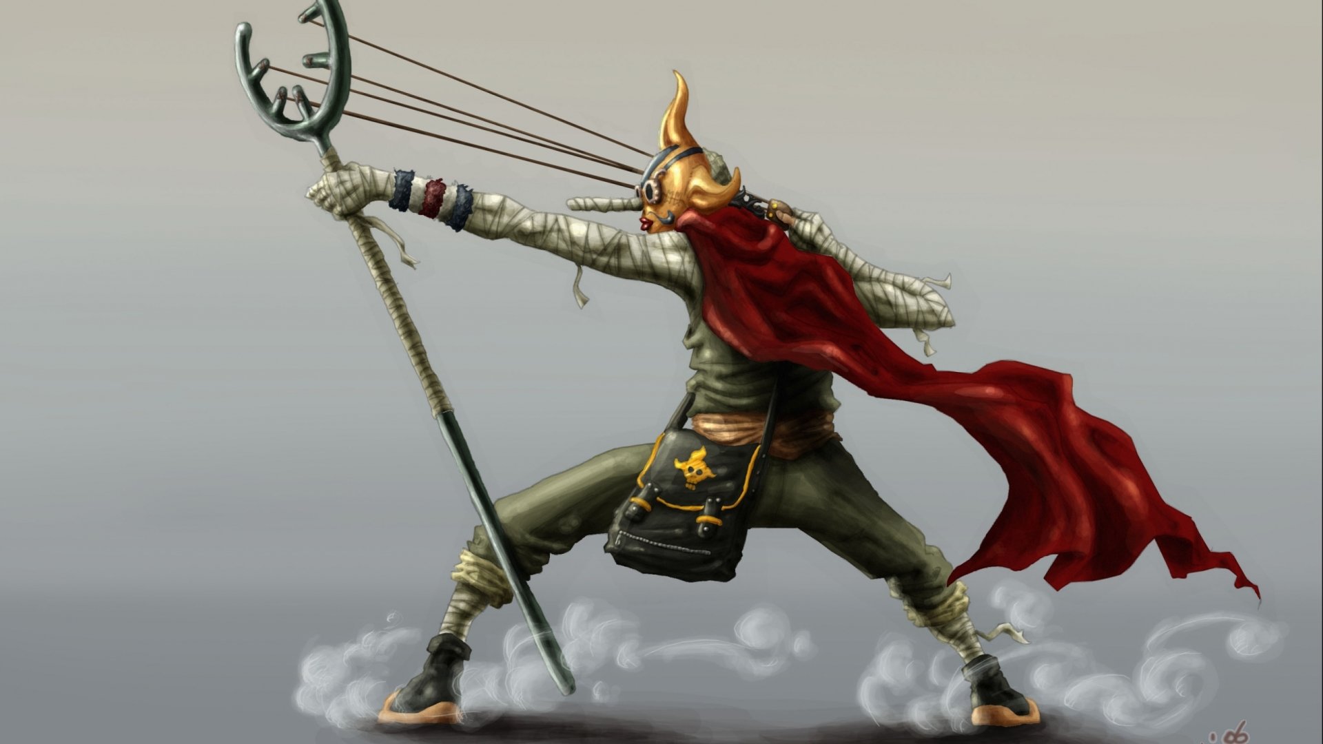 A dynamic anime character from One Piece brandishes a spear, draped in a flowing red cape, showcasing a powerful and striking pose amidst swirling clouds.