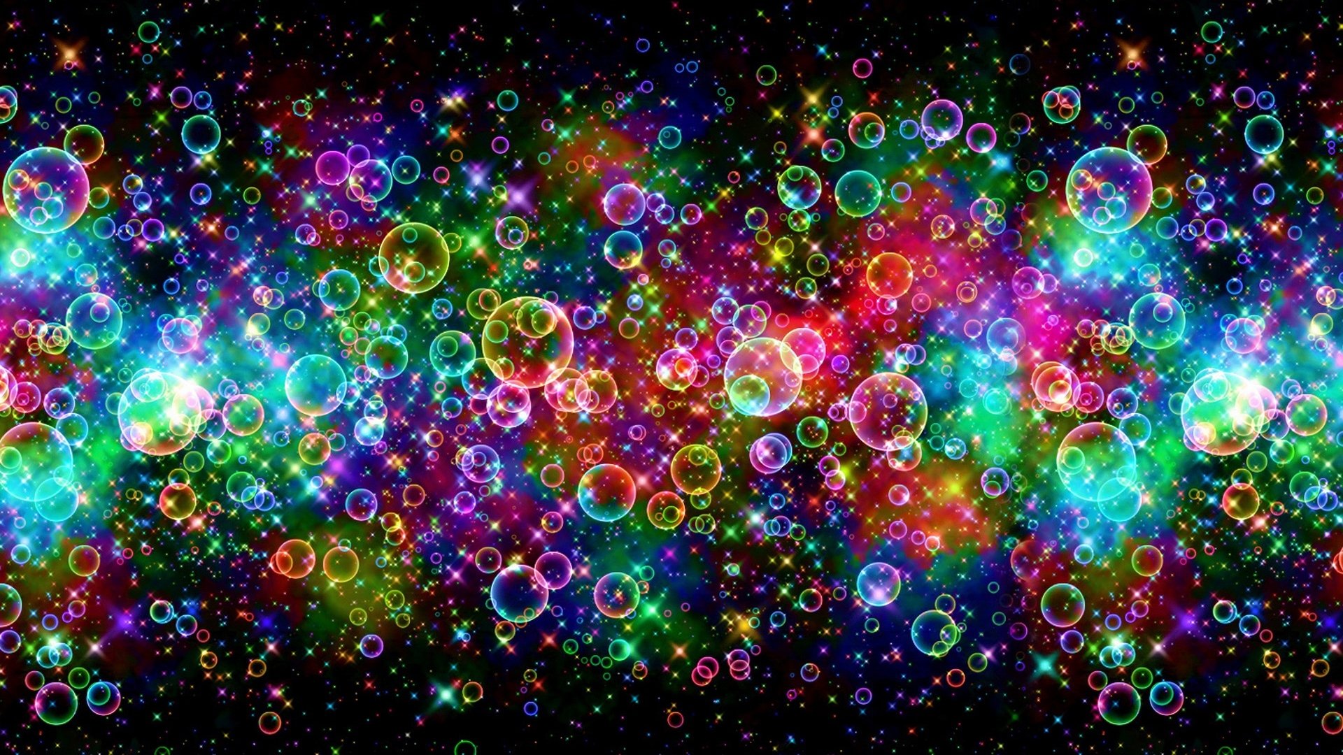 Abstract display of multicolored glowing bubbles and sparkling lights on a black background, forming a vibrant, cosmic-like pattern.