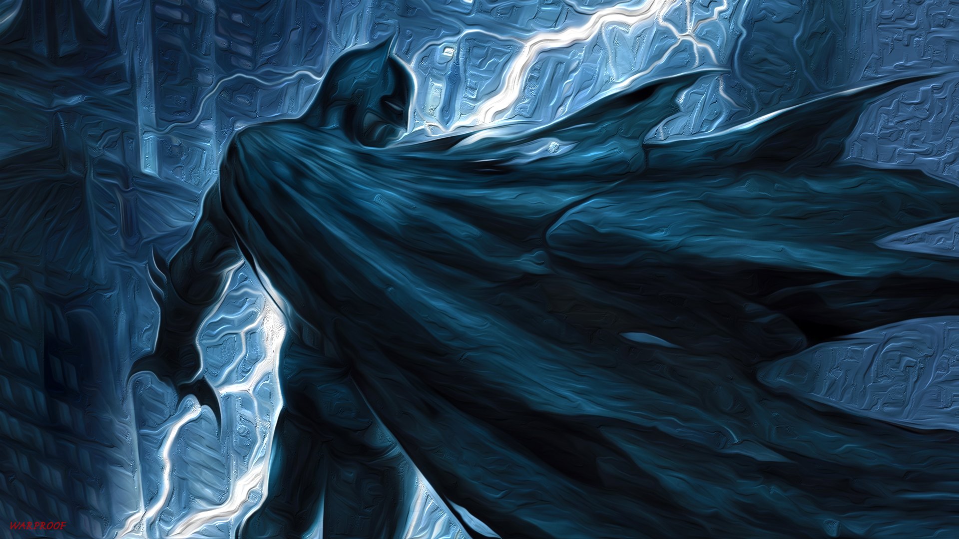 Batman: The Dark Knight Returns — brooding Batman on a rooftop, cape swirling as a jagged lightning bolt splits the stormy sky over a neon-lit city.