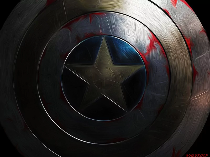 Worn Captain America shield from the movie Captain America: The First Avenger, concentric metal rings around a central star, with battle scuffs and red stains on a dark background.
