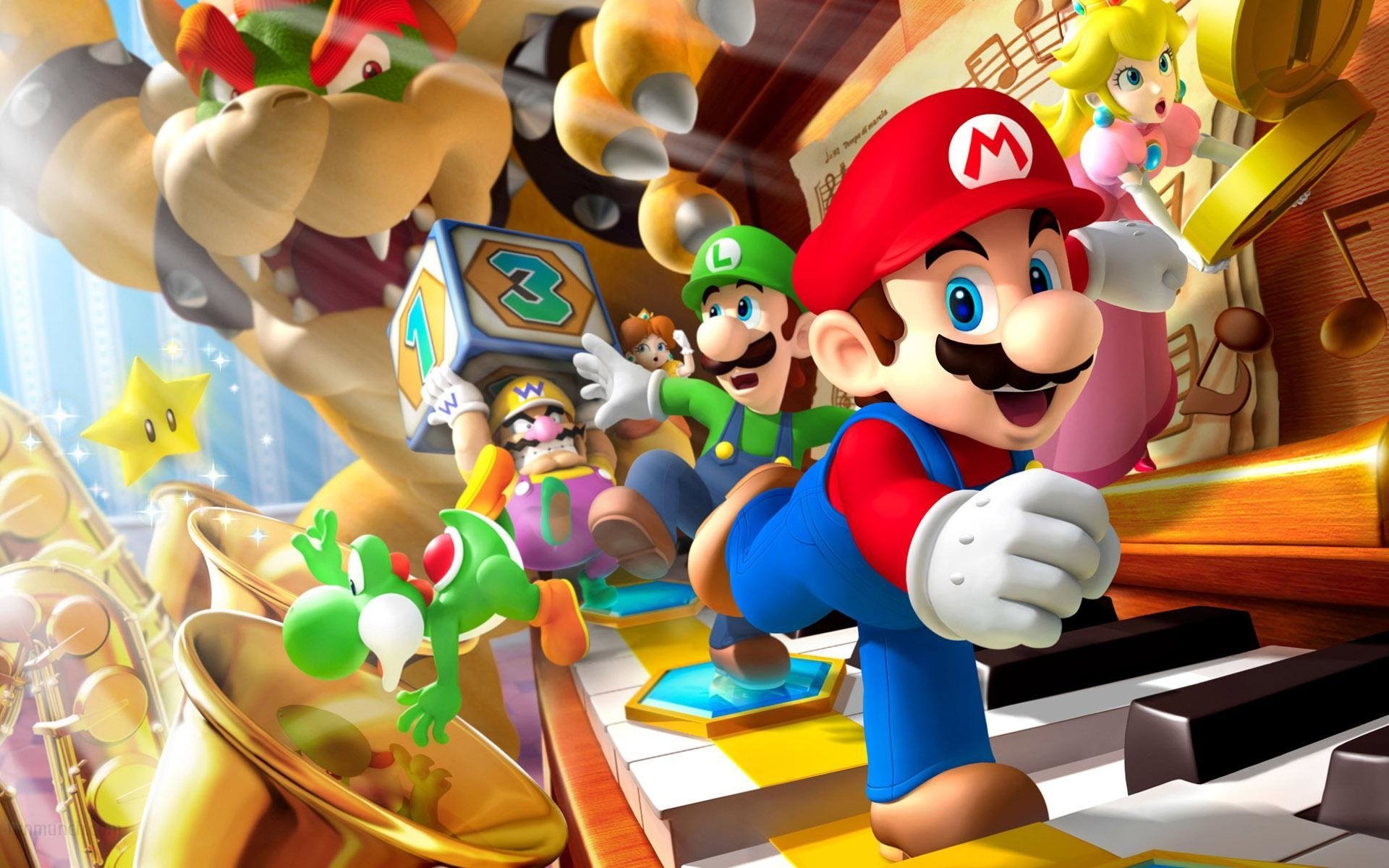 Mario video game scene: Mario runs along a giant piano keyboard with Luigi, Peach, Yoshi and Bowser Jr., surrounded by coins, musical notes and bright platforming elements.