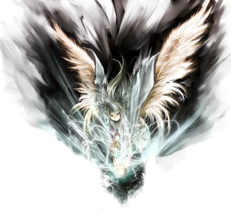 Utsuho Reiuji from the anime Touhou is depicted with striking wings, emerging from a swirling, ethereal background, showcasing a blend of power and elegance.