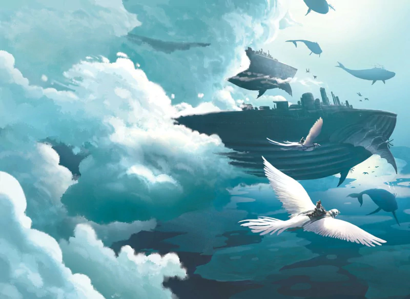 Comic-style flight scene of giant whales and fish soaring above clouds around a floating island as a rider on a white bird glides toward a distant skyline.