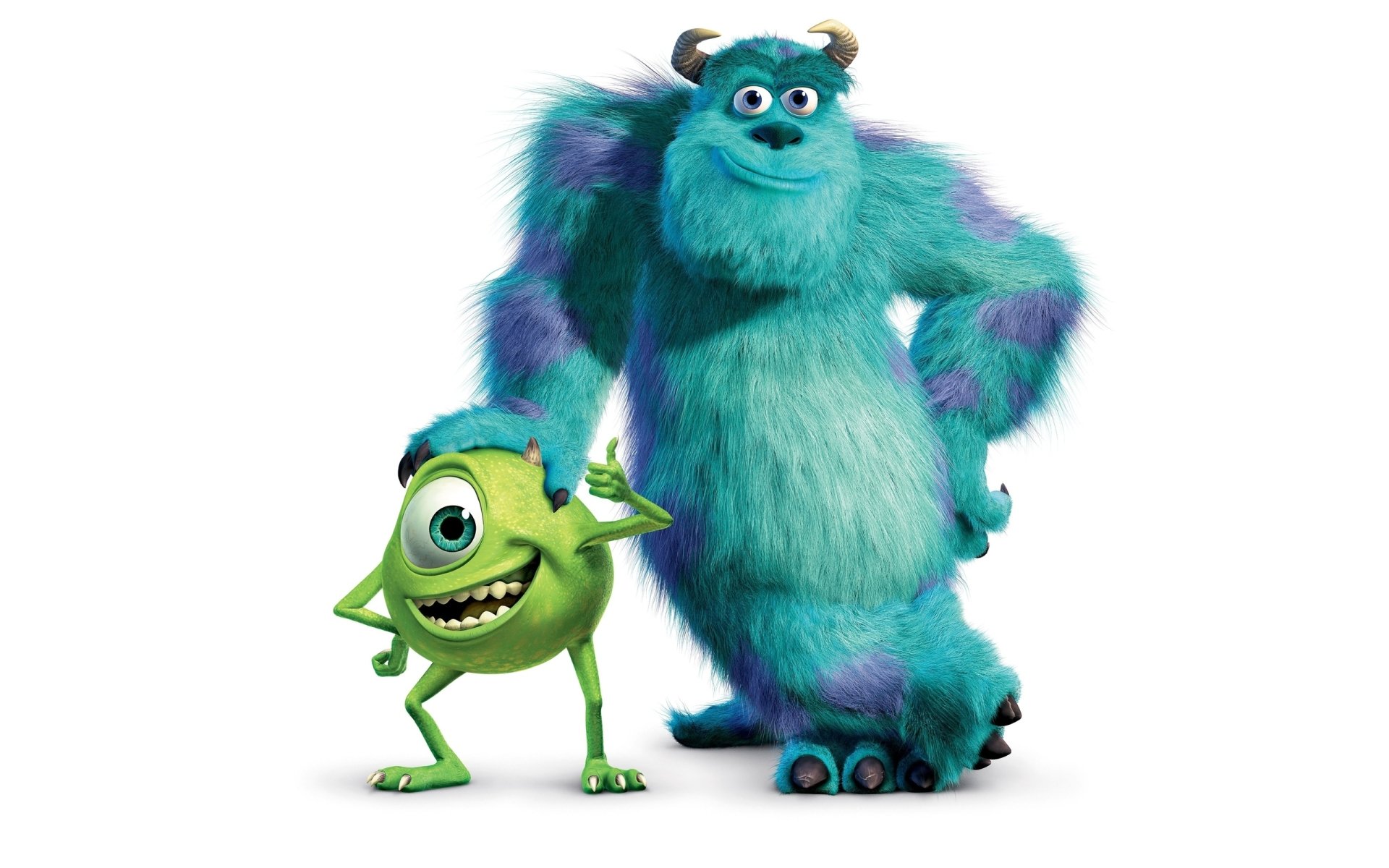 Monsters University movie duo Mike Wazowski and Sulley pose together, Mike grinning and Sulley towering with hands on hips.