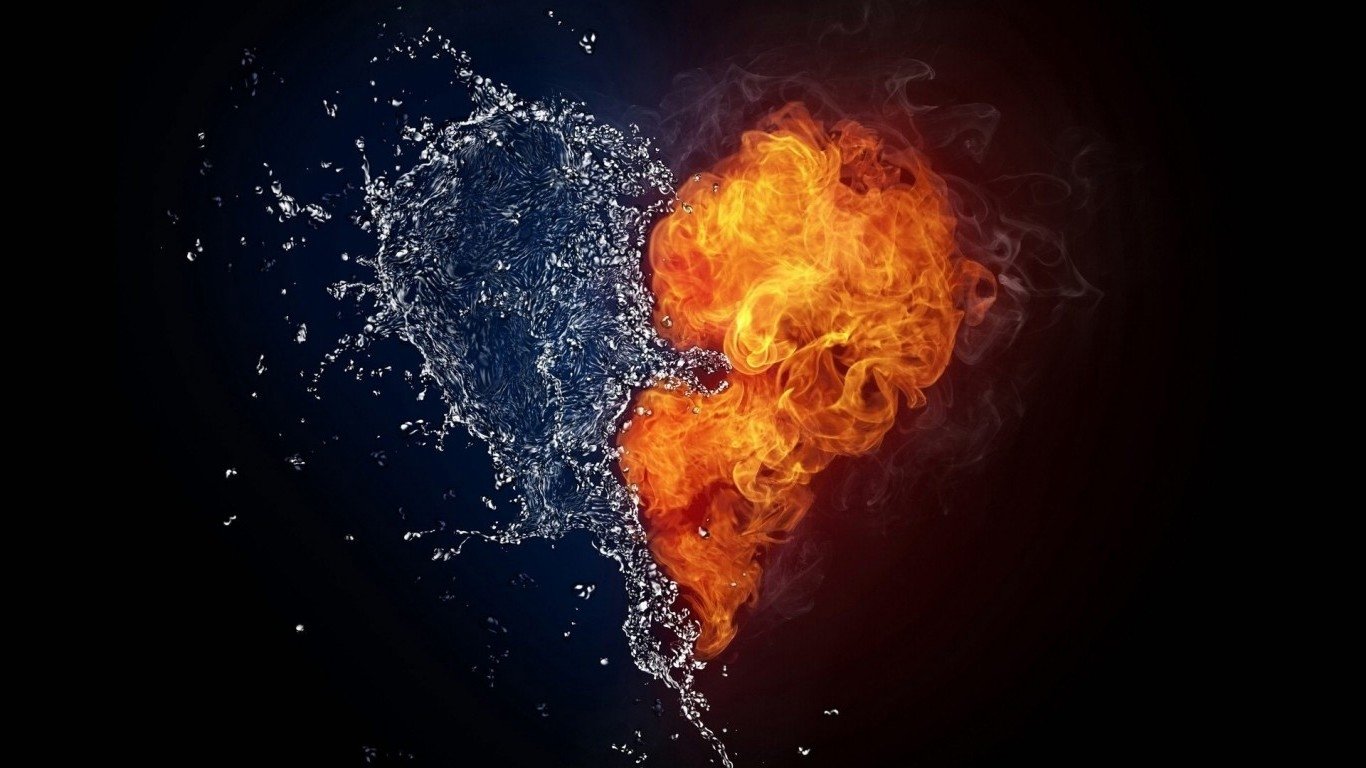 Artistic heart split vertically: left side water splashes in blue, right side fiery orange flames against a dark background.
