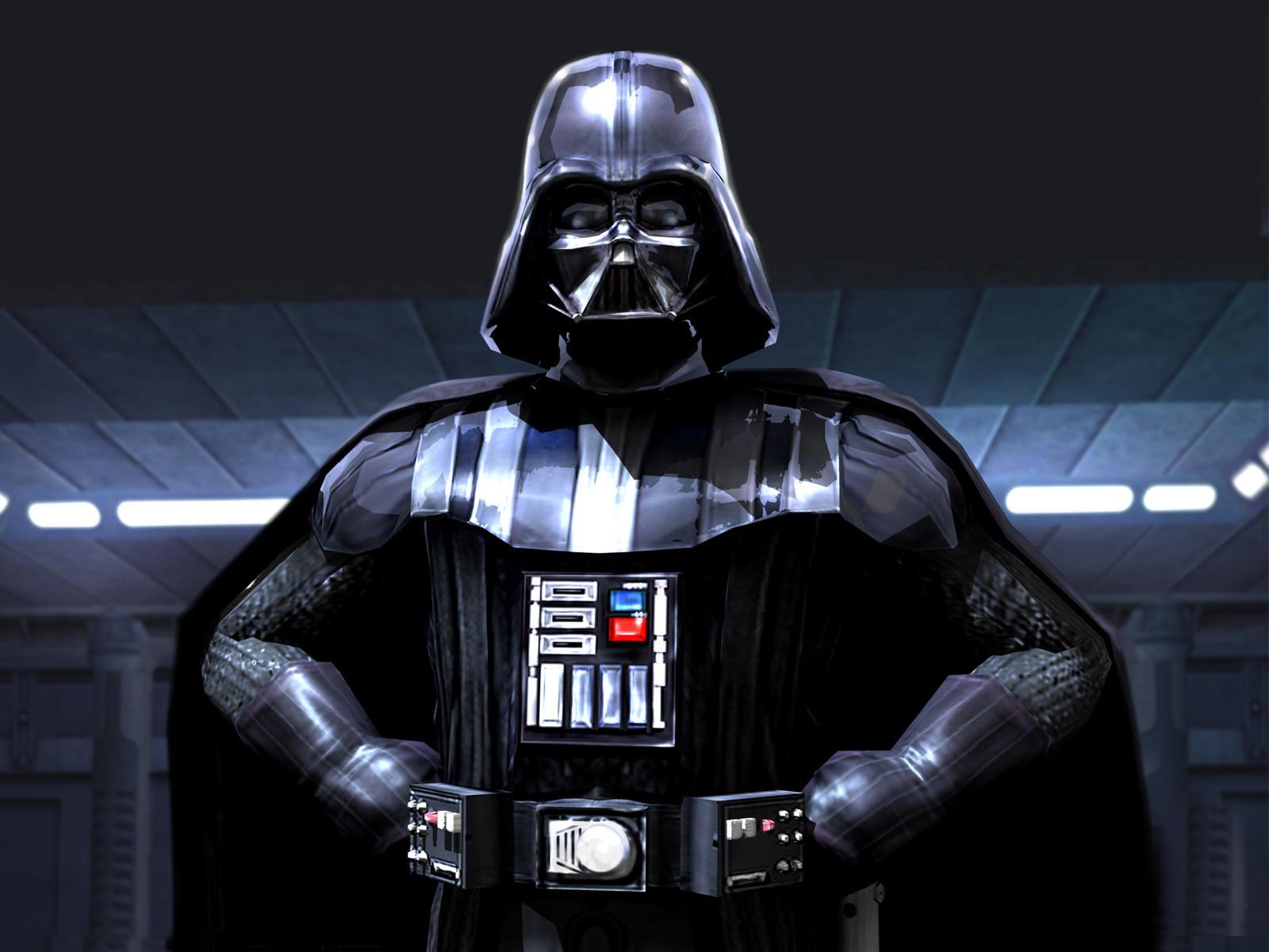 Darth Vader, the iconic villain from the Star Wars movie series, stands with arms akimbo in a dark, futuristic corridor.