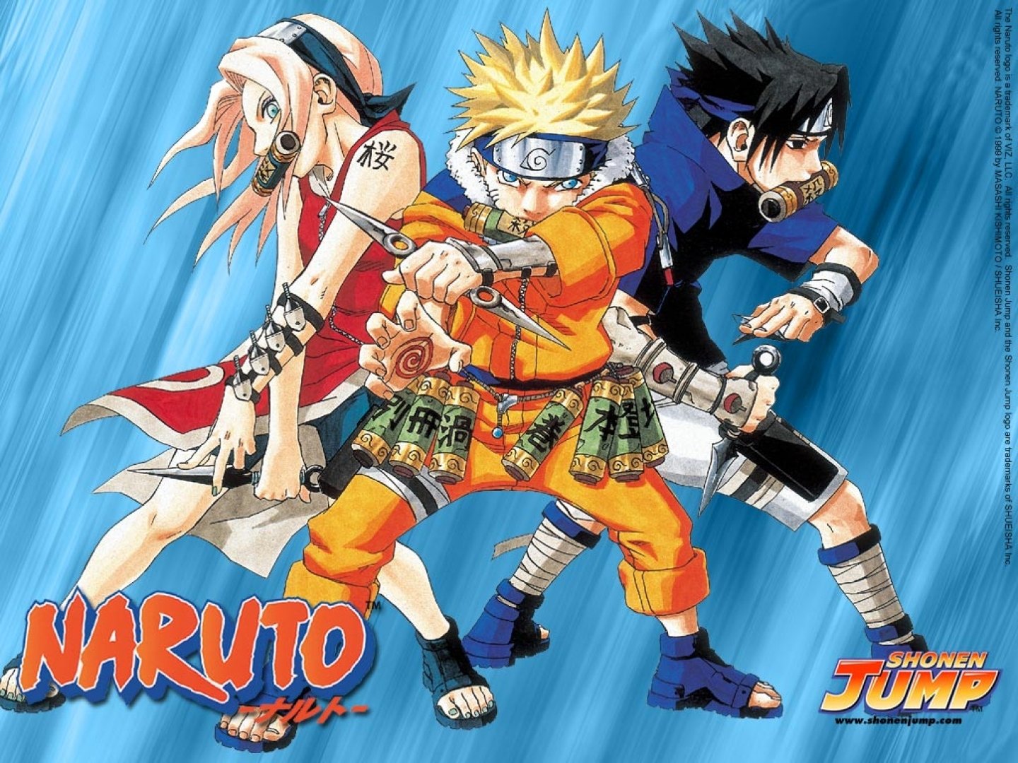 Three iconic characters from the anime Naruto stand confidently together, showcasing their unique styles and distinctive features against a dynamic blue background.