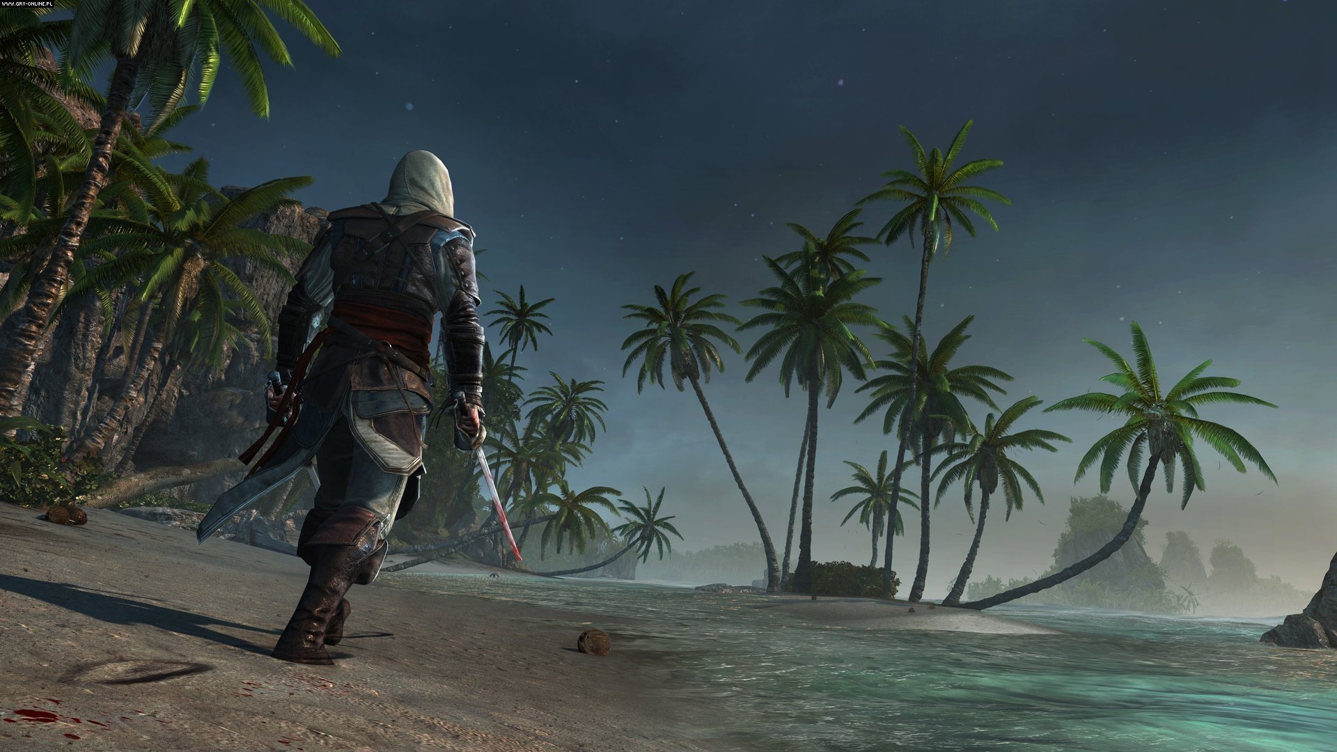 Assassin's Creed IV: Black Flag — hooded Edward Kenway walks a moonlit Caribbean beach lined with palm trees, a distant wrecked ship visible on the shore.