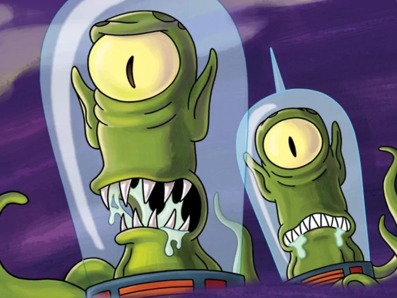 Two green, one-eyed aliens with sharp teeth from the TV show The Simpsons, set against a purple background.