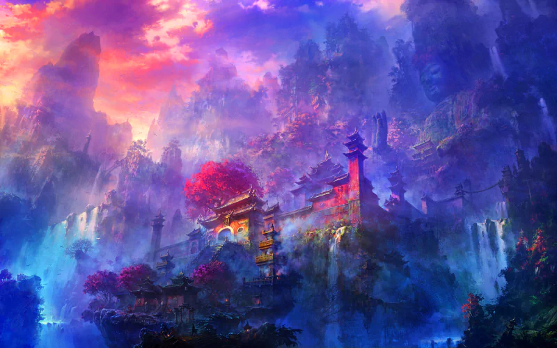 A vibrant fantasy landscape with oriental architecture, surrounded by lush greenery and striking colors, under a dramatic sky filled with swirling clouds and a warm glow.