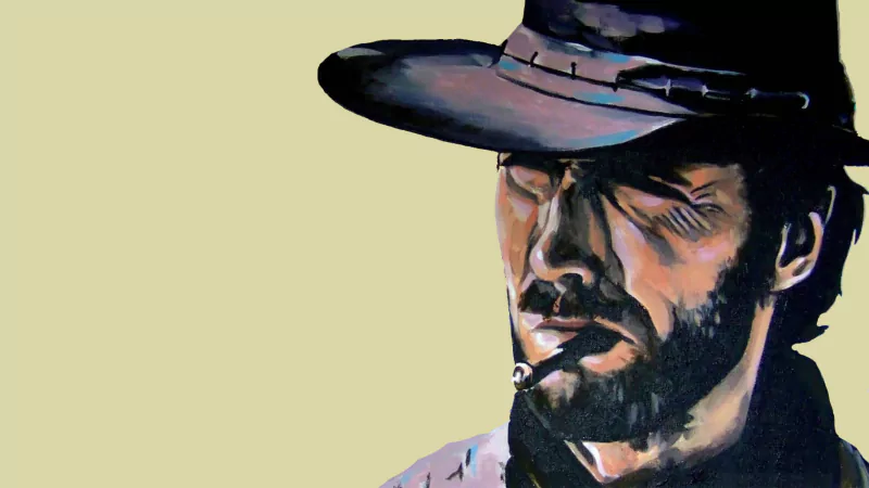 An illustration of Clint Eastwood as seen in The Good, the Bad and the Ugly, featuring a rugged figure wearing a hat and smoking, embodying the iconic character's stoic demeanor.