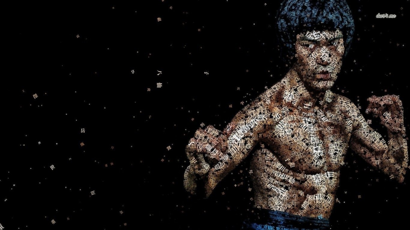 A dynamic mosaic portrait of the iconic celebrity Bruce Lee, showcasing his martial arts prowess and striking presence against a dark background.