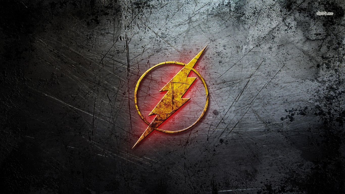 Comic-style image featuring Flash’s iconic yellow lightning bolt emblem on a textured, dark metallic background.