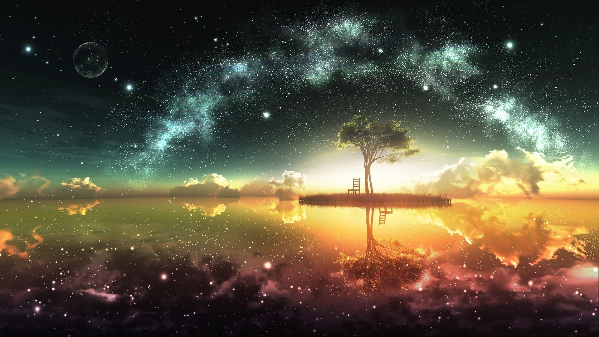 A dreamy fantasy landscape featuring a solitary tree and a chair on a serene island, under a vibrant sky filled with stars and colorful clouds reflecting in calm waters.