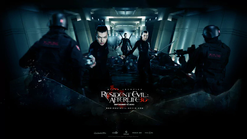 Poster for the movie Resident Evil: Afterlife showing armed protagonists moving through a dim, zombie-strewn corridor flanked by tactical soldiers.