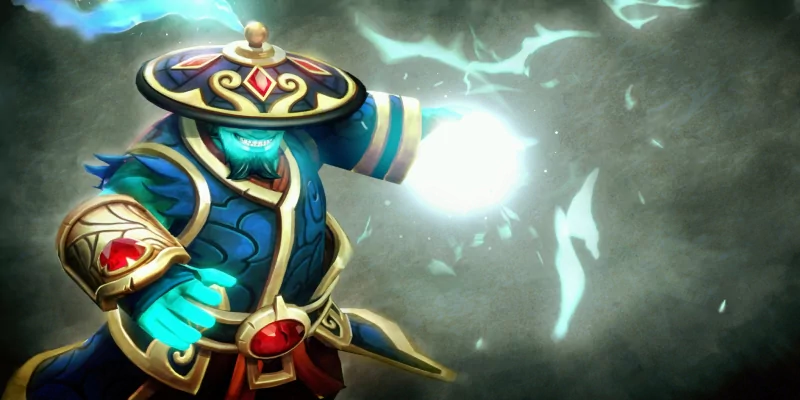 A mystical blue character casting a glowing spell in the video game DotA 2, surrounded by lightning effects.