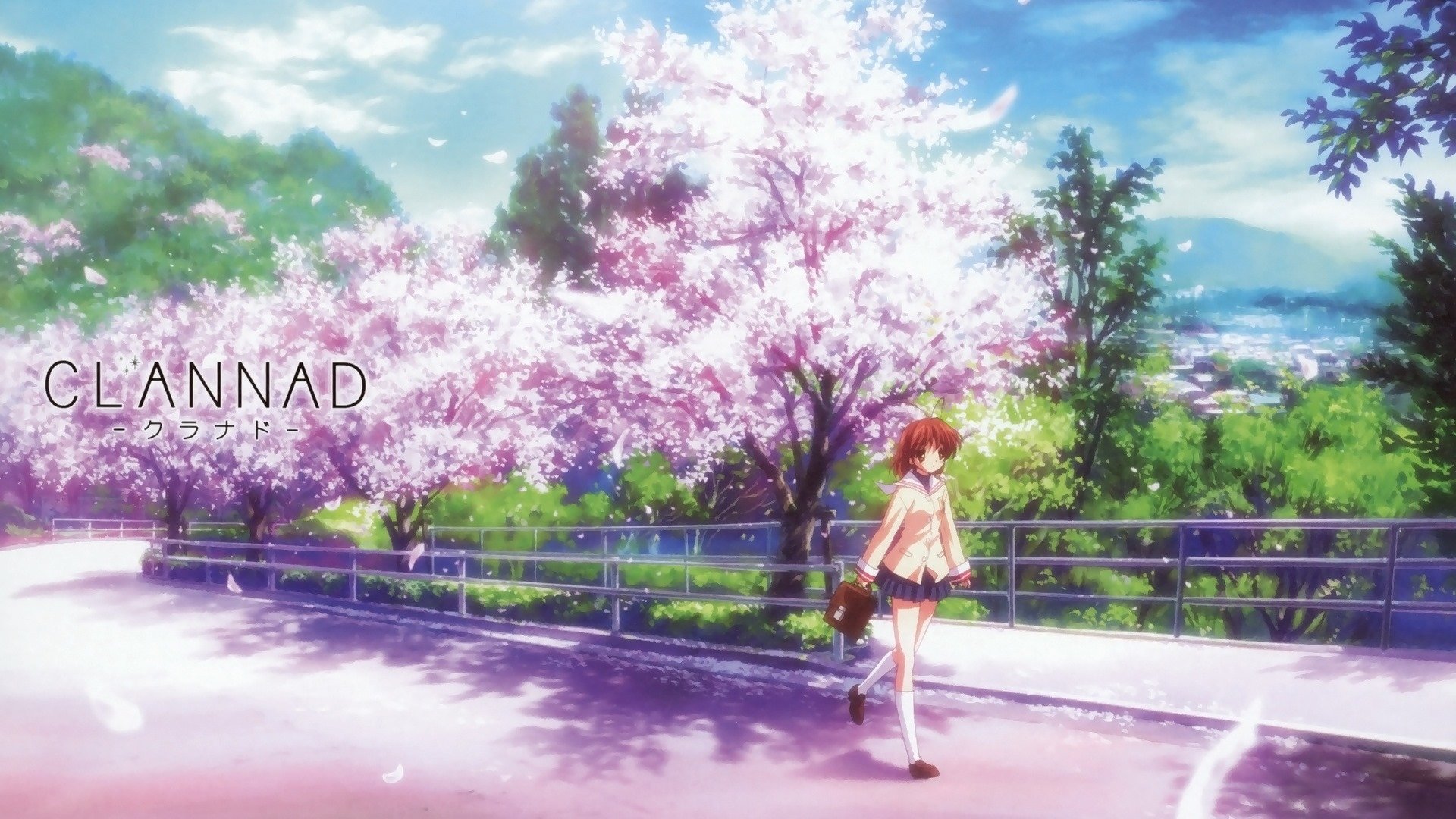 Clannad anime scene: a schoolgirl walks beneath blooming cherry trees along a rain-slicked path, pastel sky and distant town visible.