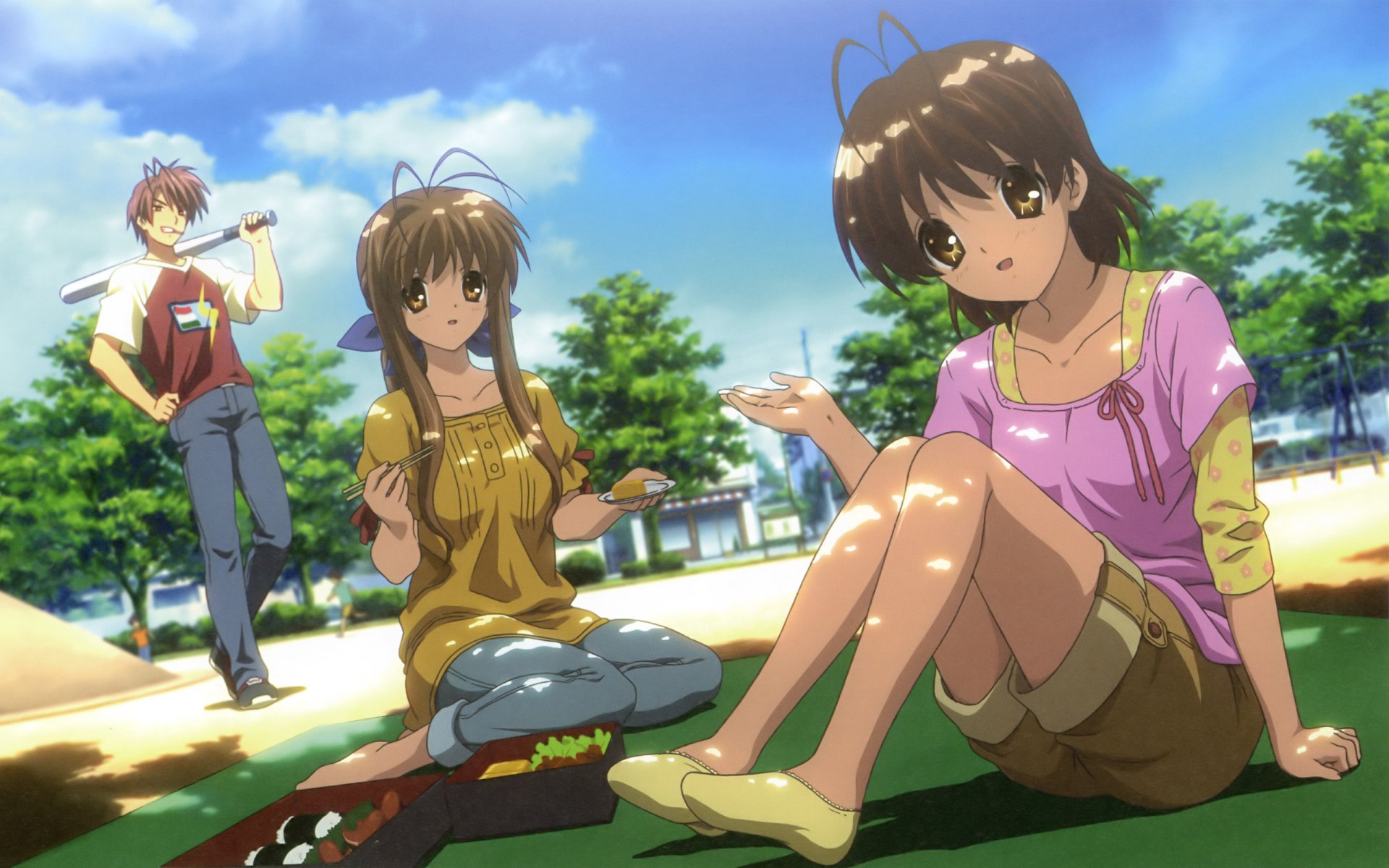 Anime scene from Clannad showing three characters relaxing outdoors on a sunny day with a bright blue sky and lush greenery in the background.
