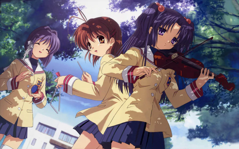 Three Clannad anime schoolgirls in uniforms beneath sunlit trees — one plays a violin while the others watch, with a blue sky and school building in the background.