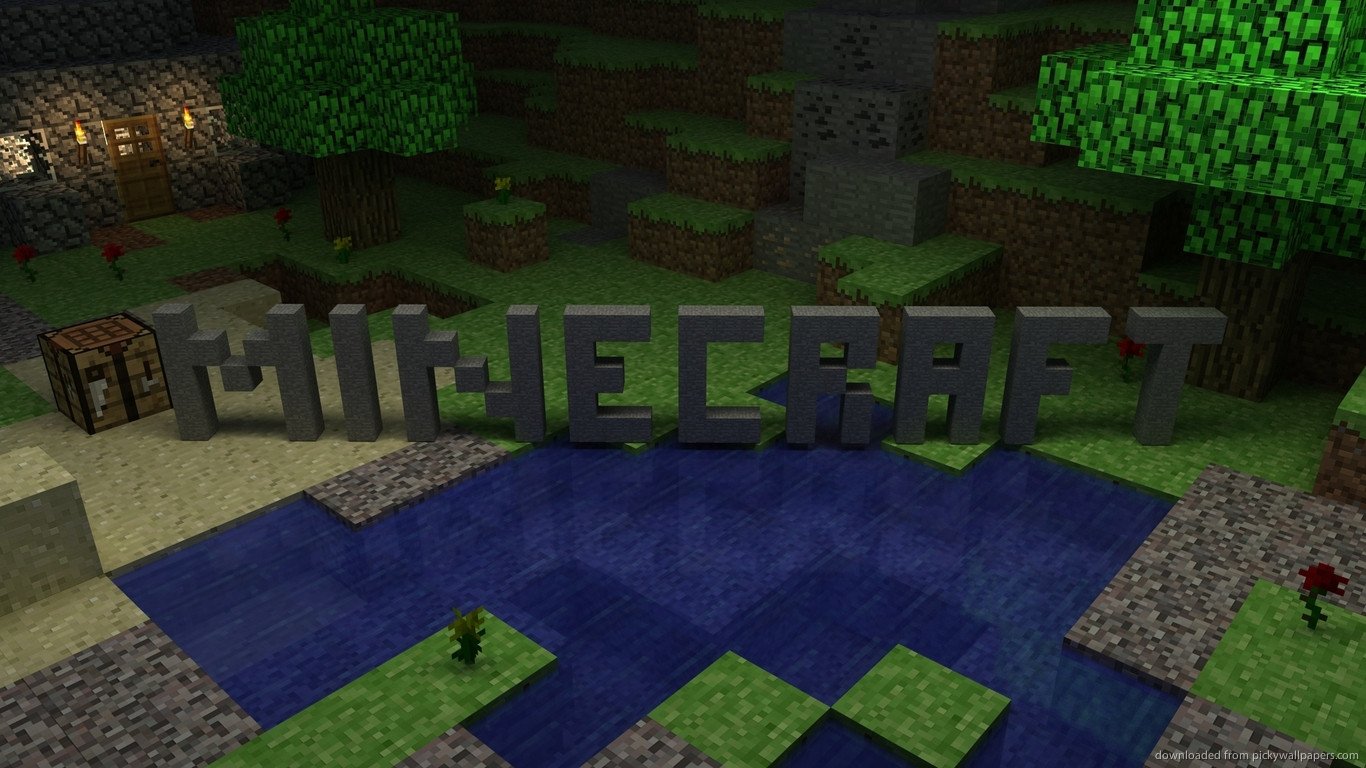 A Minecraft scene featuring the iconic blocky letters spelling MINECRAFT near a pond, with trees and a crafting table visible in the vibrant game environment.