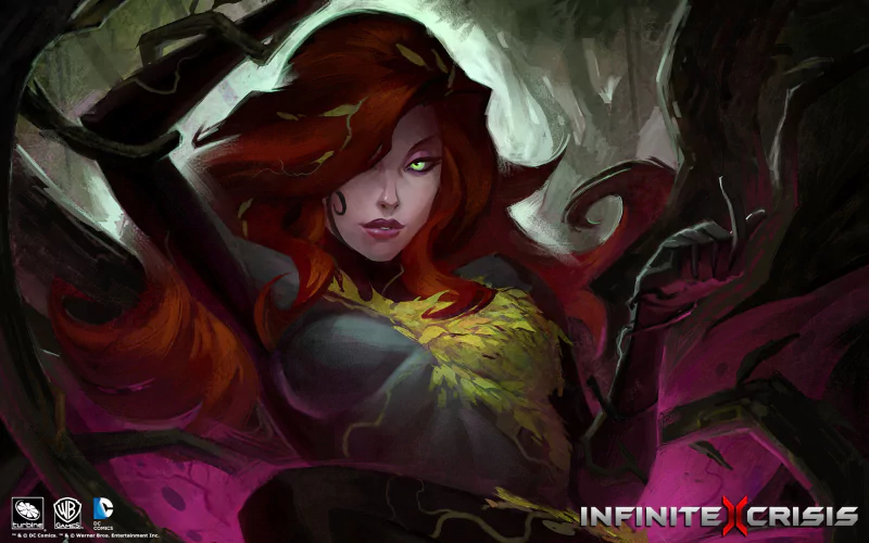 Poison Ivy from the Infinite Crisis video game: red-haired, leaf-adorned femme fatale wreathed in twisting vines and dark, glowing foliage.