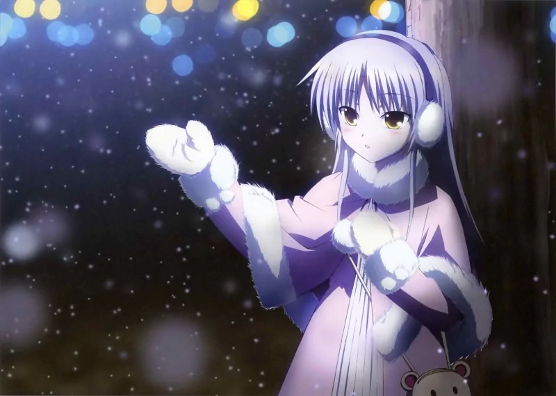 Angel Beats! anime scene: a white-haired girl in a pink winter coat and earmuffs reaches out to catch falling snow beneath soft glowing bokeh lights.