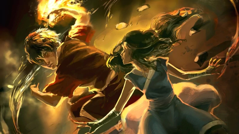 Zuko and Katara from Avatar: The Last Airbender are depicted in dynamic action, showcasing their firebending and waterbending abilities in an anime-style artwork.
