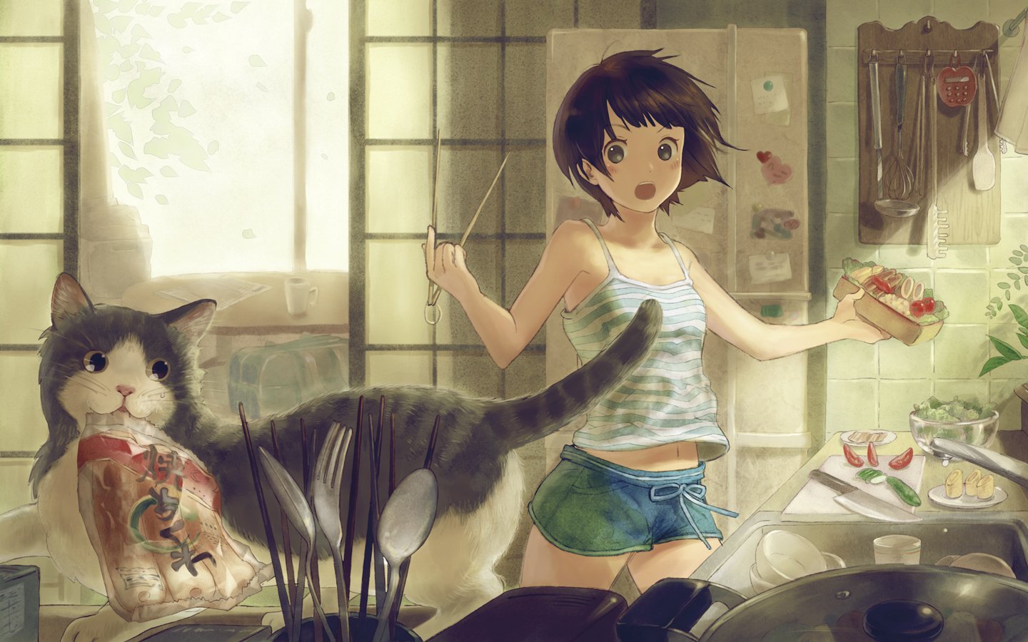 Anime, Original — surprised girl in a sunlit kitchen wearing a tank top and shorts, holding a knife and sandwich while a large cat with a fish climbs the counter, dishes askew.