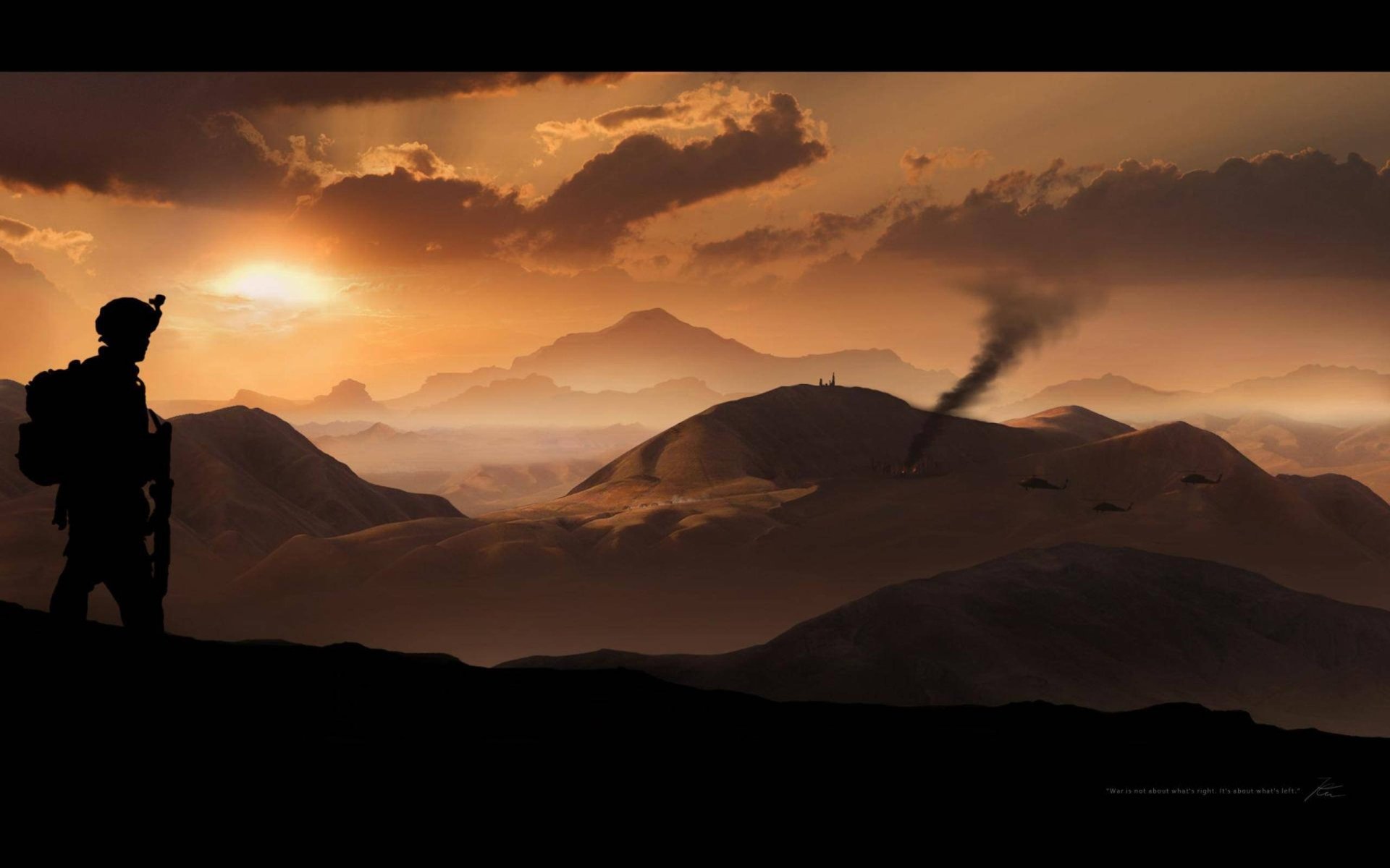 A military soldier stands silhouetted against a dramatic sunset over rugged hills with smoke rising in the distance.