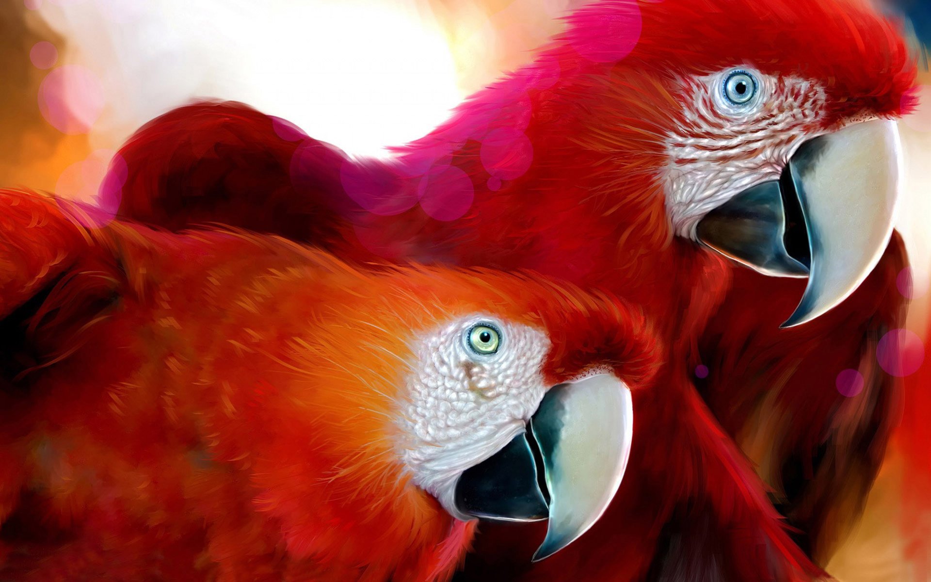 Two vibrant parrots with bright red feathers and striking blue eyes are closely positioned against a colorful, blurred background.