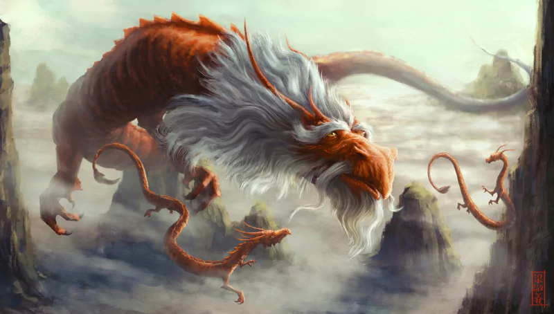 Fantasy dragon: long serpentine red-orange dragon with flowing white mane coils through misty mountain peaks, claws extended and whiskered tendrils trailing.
