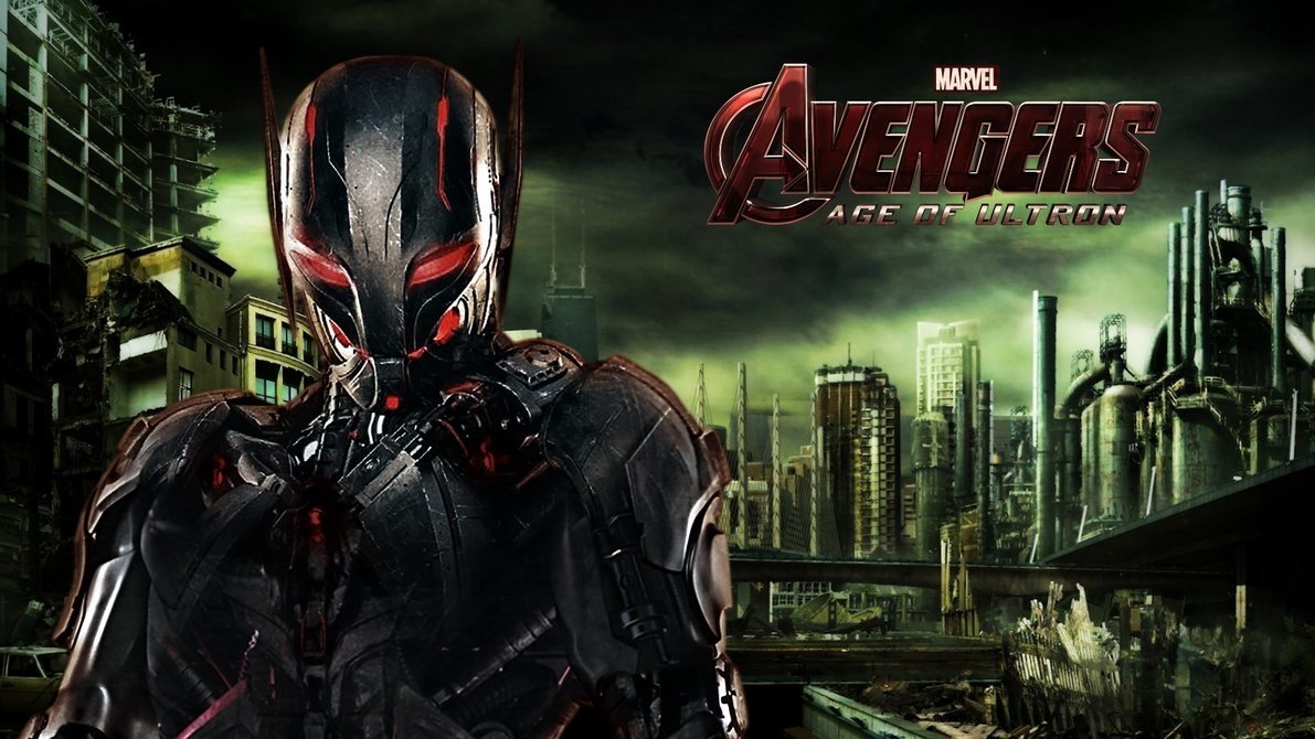 A dark, armored figure stands prominently against a dystopian cityscape, with the title Avengers: Age of Ultron displayed above, capturing the film's intense atmosphere.