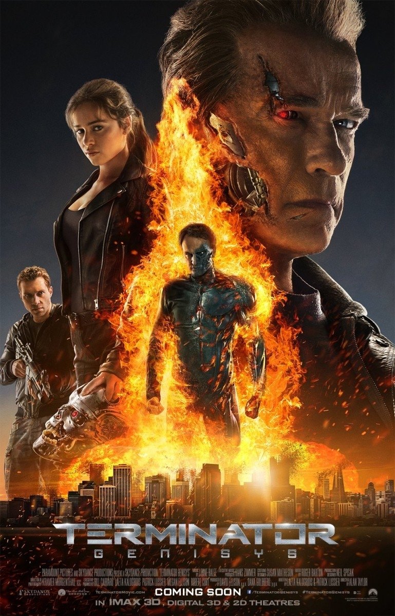 Poster for the movie Terminator Genisys featuring a fiery Terminator figure, city skyline, and key characters with a robotic face partially exposed.