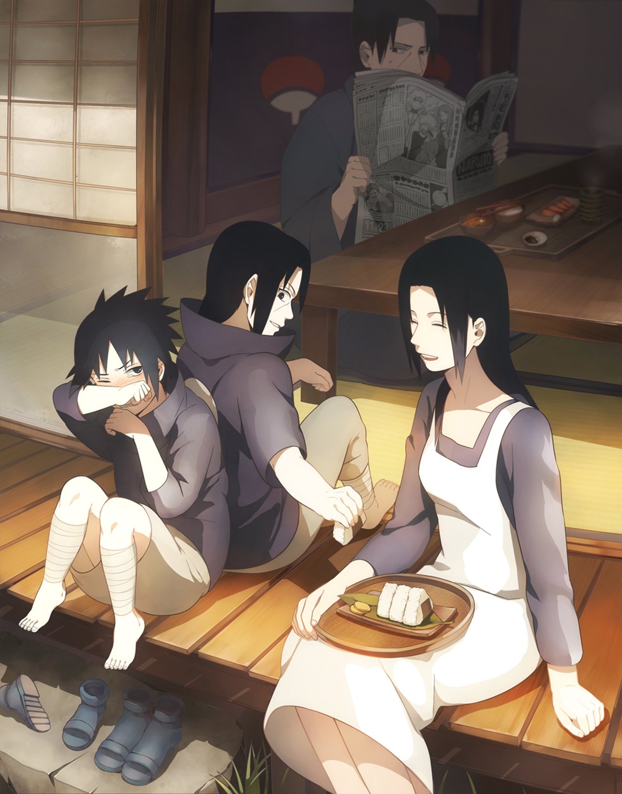 A serene scene from Naruto featuring Mikoto, Fugaku, Itachi, and Sasuke Uchiha. Sasuke sits barefoot, while Itachi comforts him and Mikoto serves food, capturing a family moment.