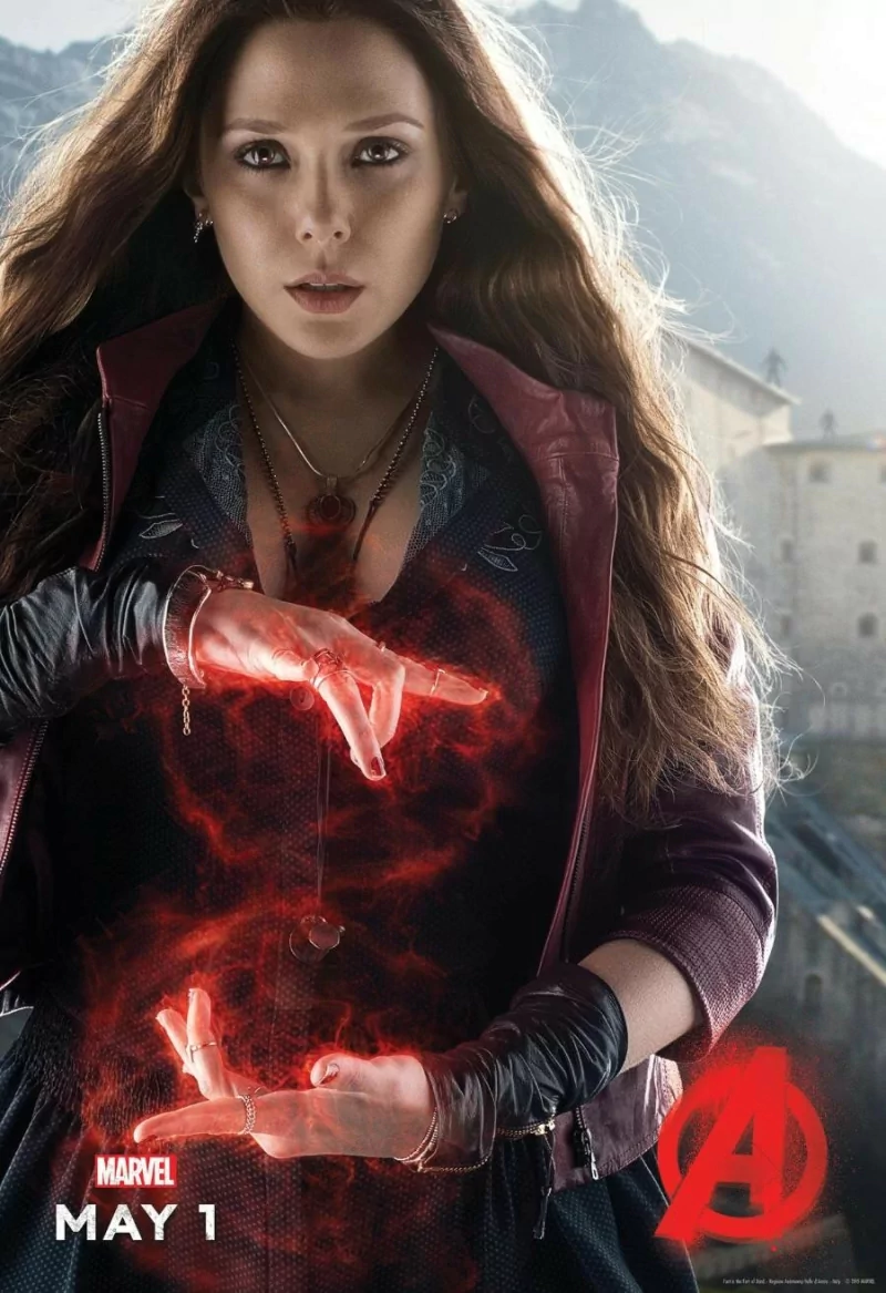 Wanda Maximoff, also known as Scarlet Witch, unleashes her powers in this striking poster from *Avengers: Age of Ultron*, set against a dramatic backdrop.