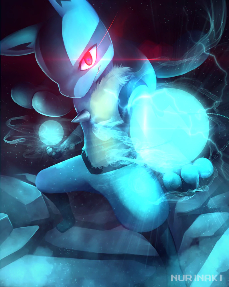 An epic portrayal of Lucario from Pokémon, showcasing its energy manipulation abilities amidst a dynamic, otherworldly backdrop, capturing the essence of the anime universe.