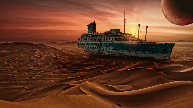 A rusted sci-fi ship stranded in a vast post-apocalyptic desert under a dramatic red sky with a large planet visible in the background.