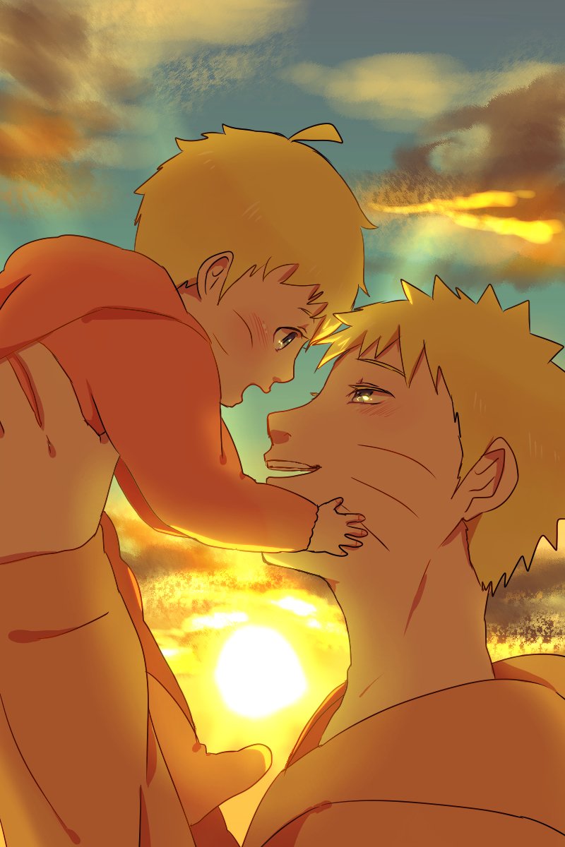 A tender moment between Naruto Uzumaki and his baby son Boruto, depicted against a sunset backdrop, showcasing their close bond in this anime-inspired illustration.