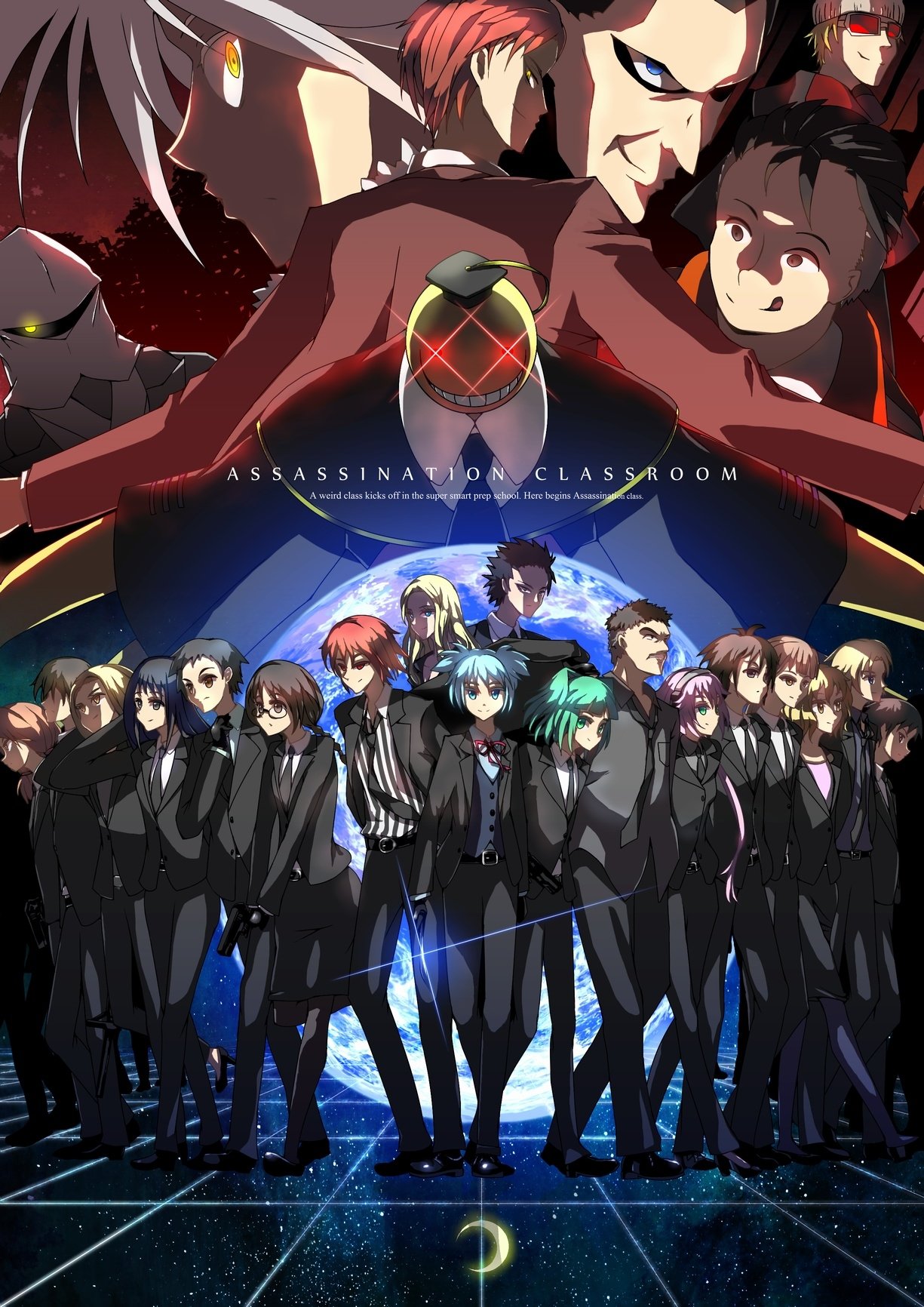 A vibrant scene from the anime Assassination Classroom, featuring a diverse cast of characters in sleek black suits, set against a colorful cosmic backdrop.